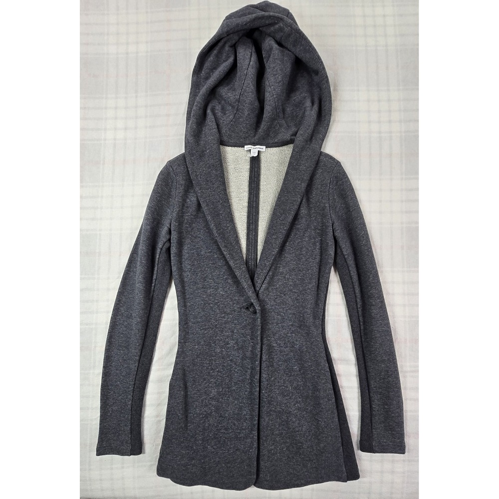 JAMES PERSE Womens Fleece Hooded Cardigan Blazer Ribbed Side Panels Gray S